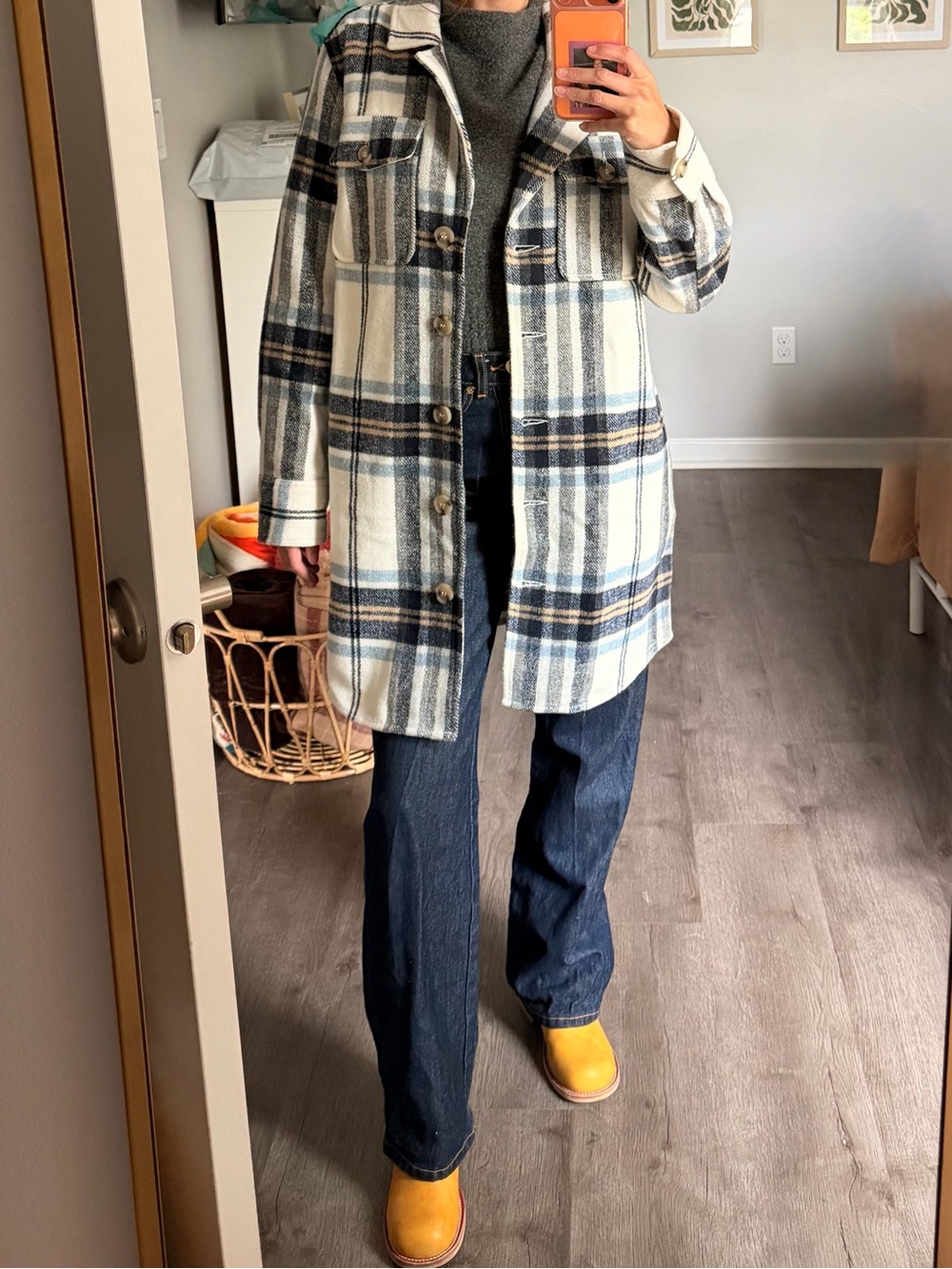 Tara Jarmon Blue and Cream Plaid Trench Coat